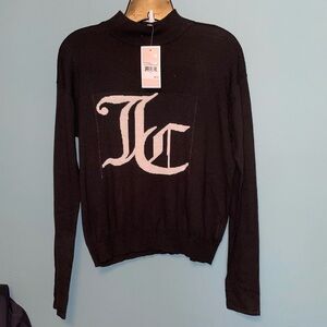 Juicy Couture Mock Neck Intarsia Logo Sweater in Pitch Black Size Large